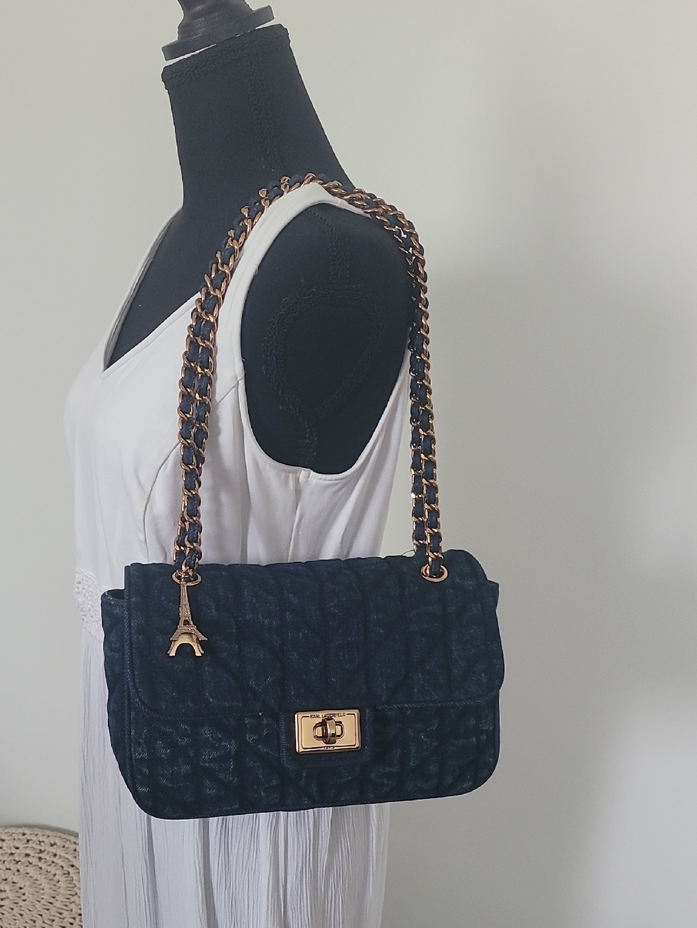 Quilted Chain-Handle Shoulder Bag in Denim